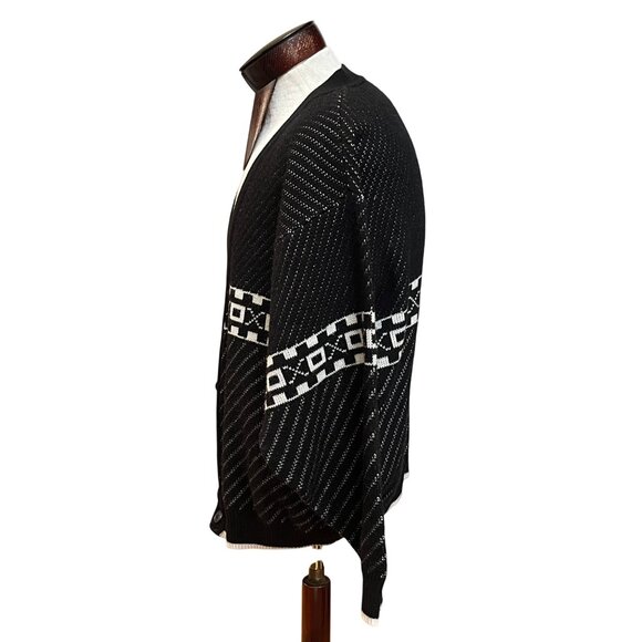 Vintage Mens XL Wool Blend Black White Cardigan Sweater Geometric Design Size XL - Picture 2 of 11